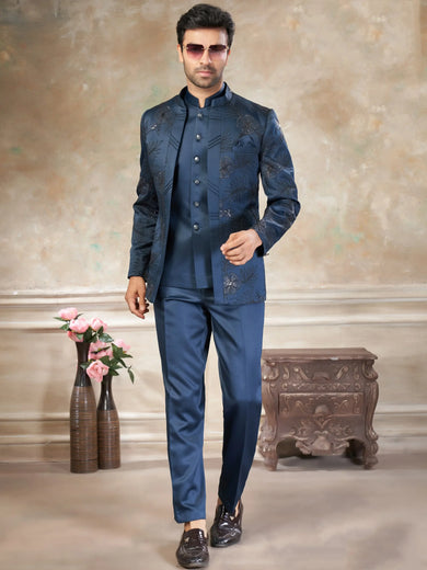 Stylish Blue Embroidered Imported Wedding Wear Jodhpuri Set For Men