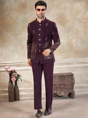 Lovely Wine Embroidered Imported Wedding Wear Jodhpuri Set For Men