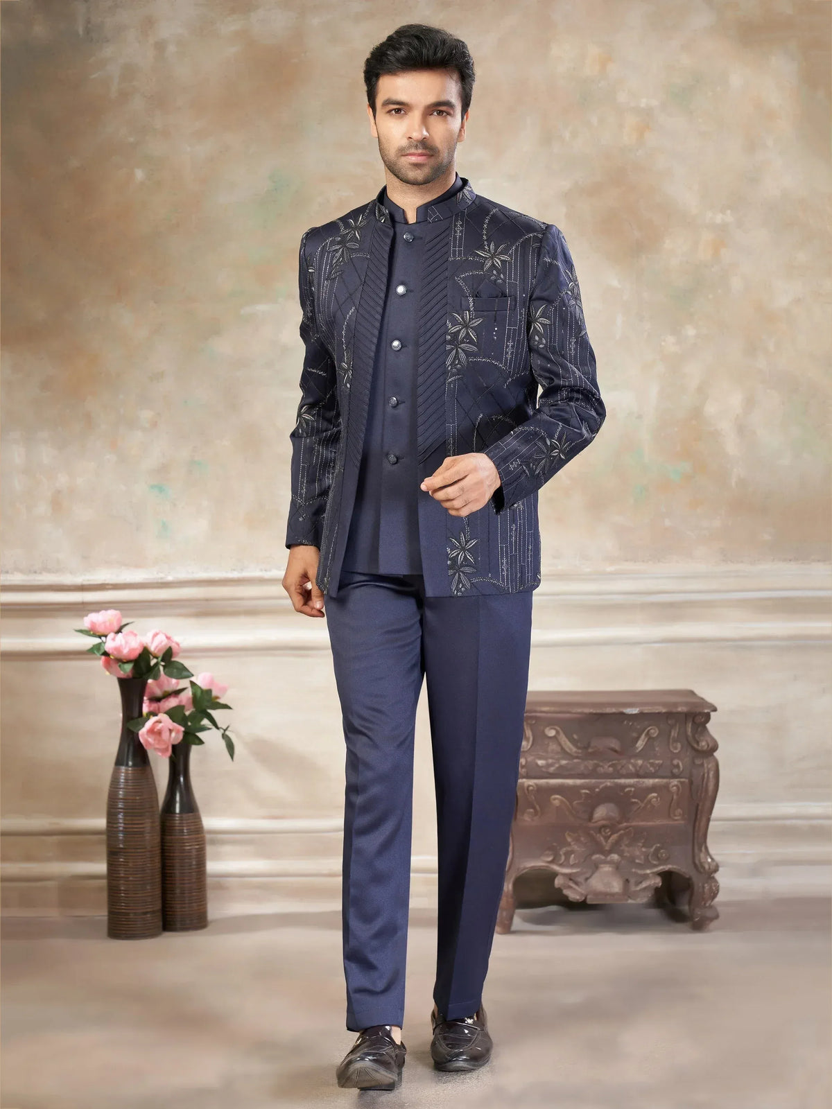 Navy blue embroidered men's ethnic suit with mandarin collar, perfect for weddings and formal occasions