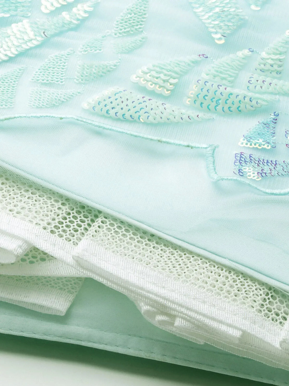 Mint green ethnic wear with sequin embroidery and lace detailing, perfect for festive occasions.