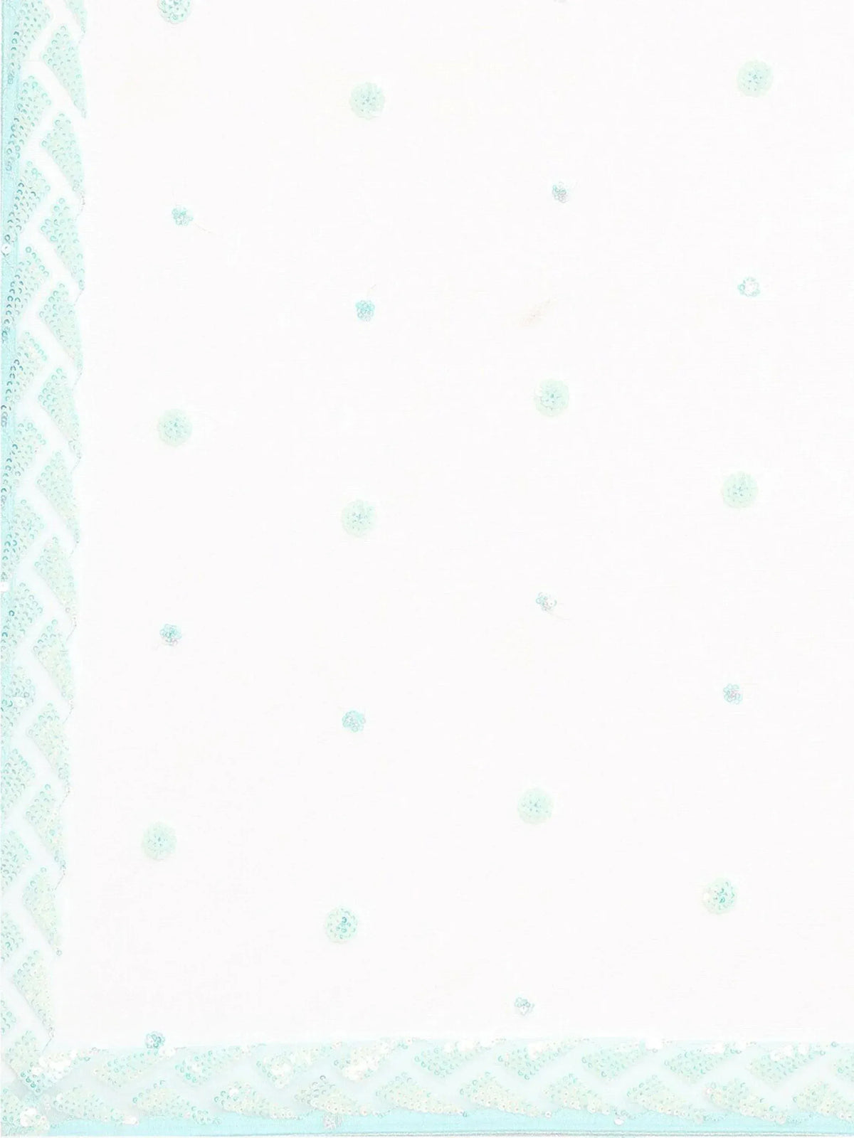 White ethnic wear fabric with mint green sequin border and floral embroidery, ideal for designer lehenga or saree