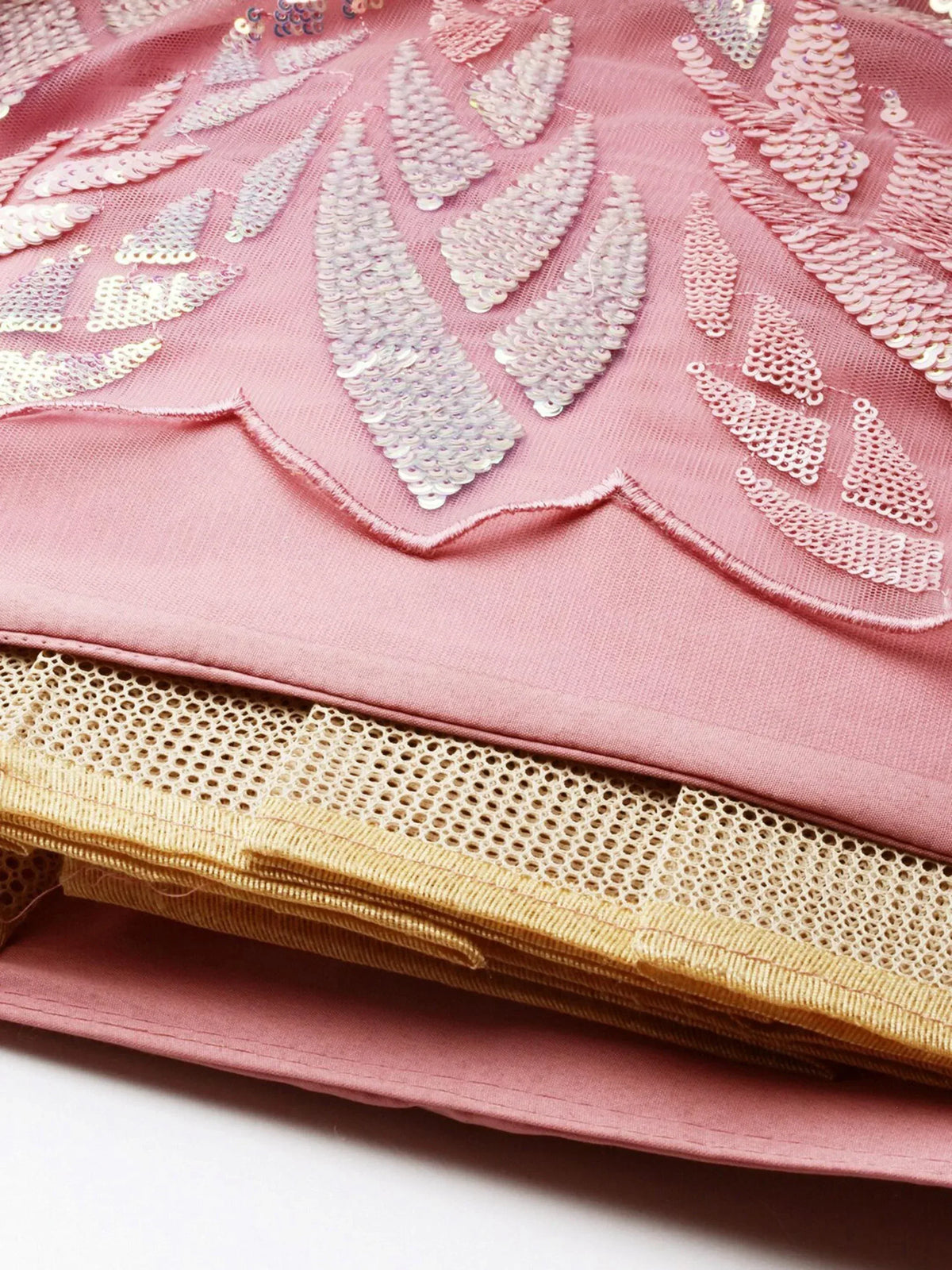 Pink ethnic lehenga choli with sequin leaf embroidery and gold lace trim