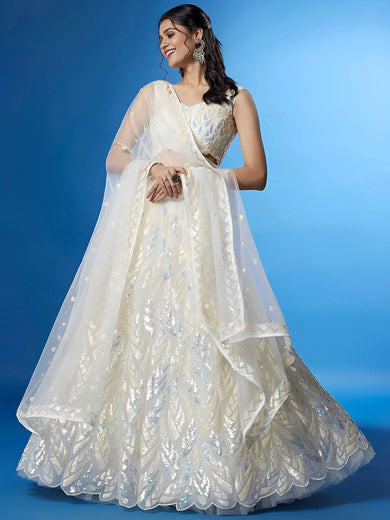 Beautiful Off-White Sequins Net Engagement Wear Lehenga Choli