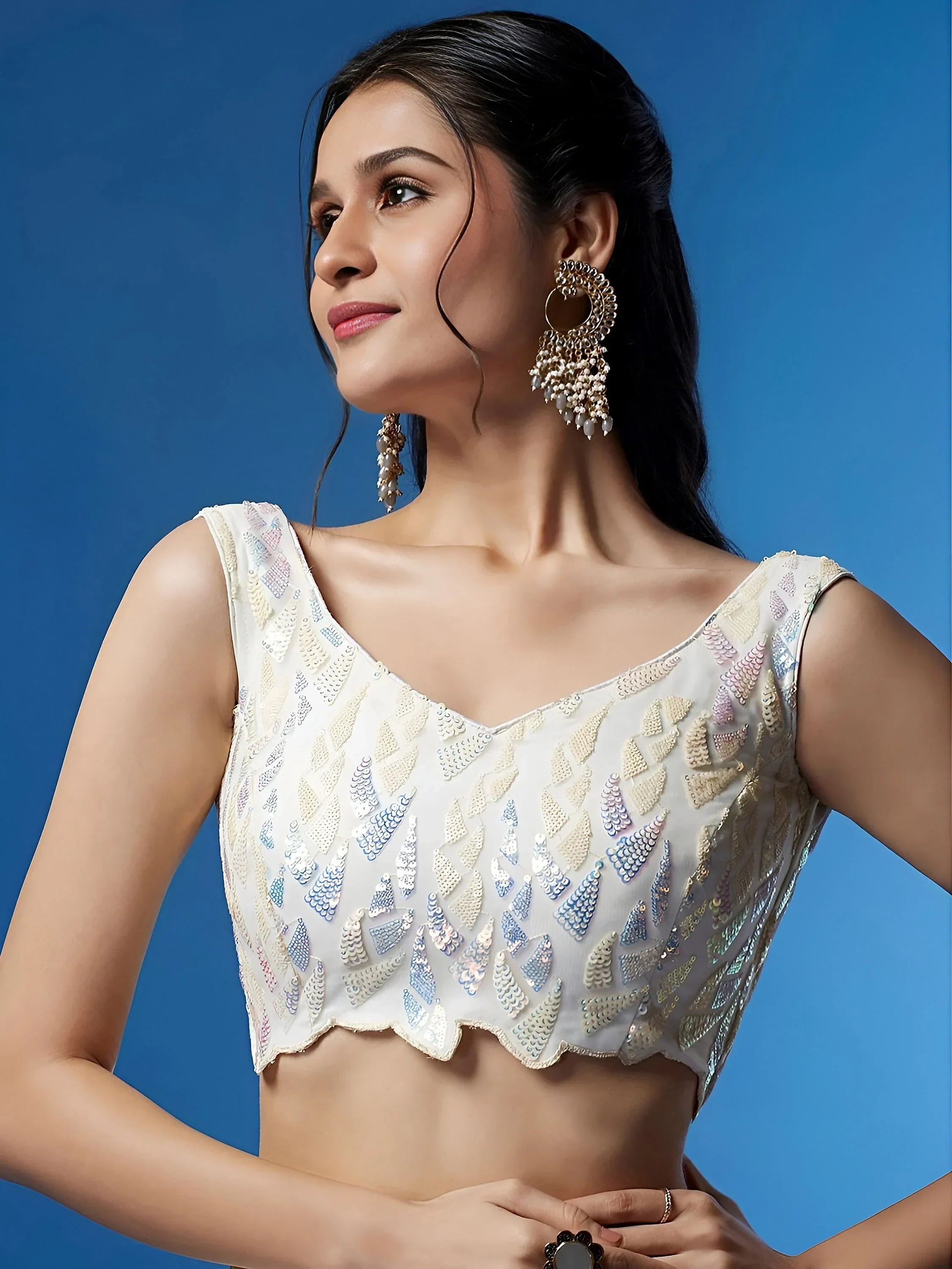 Beautiful Off-White Sequins Net Engagement Wear Lehenga Choli