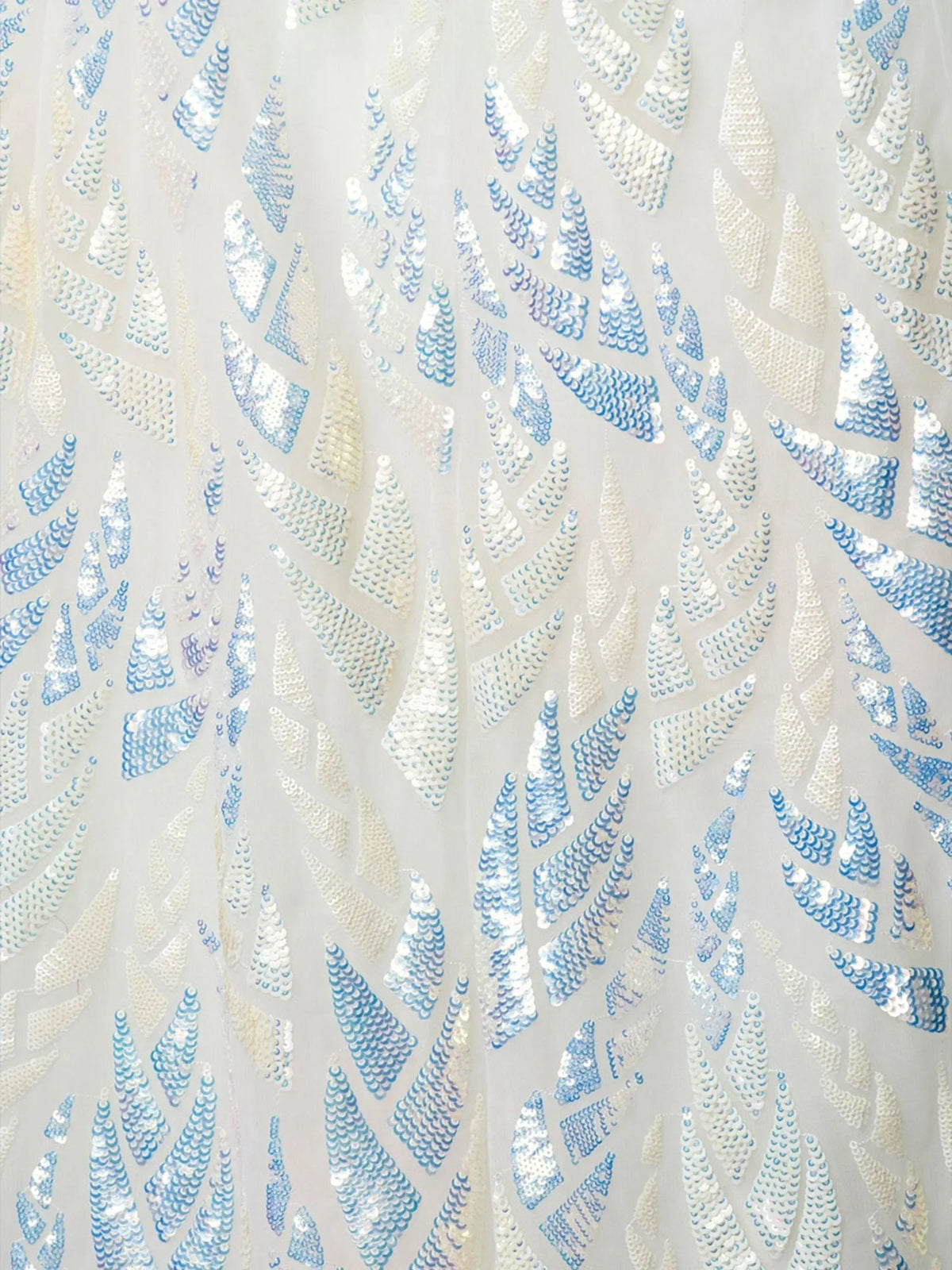 White and blue sequin embellished ethnic wear fabric with leaf pattern