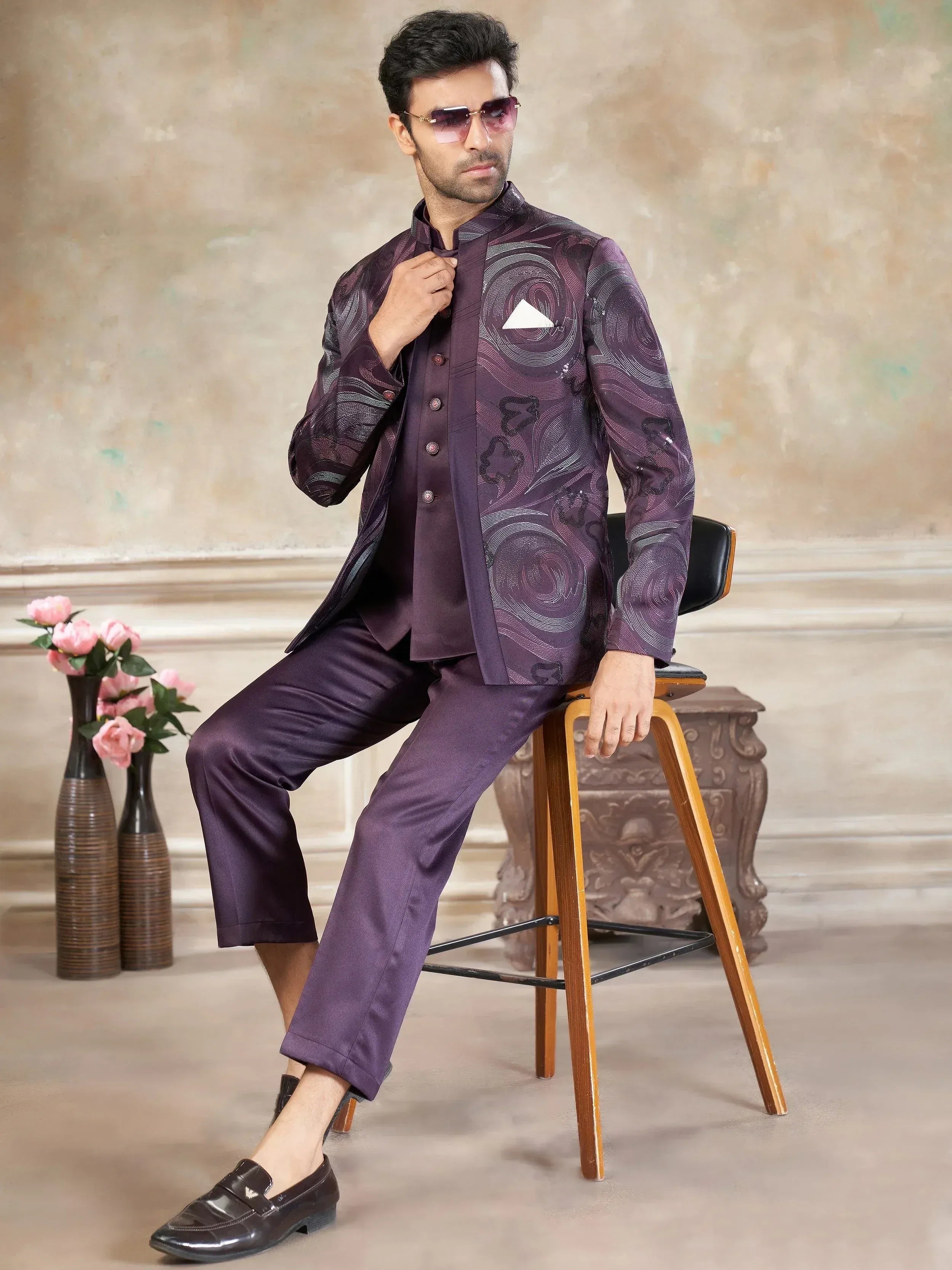 Attractive Purple Sequins Imported Party Wear Jodhpuri Set For Men