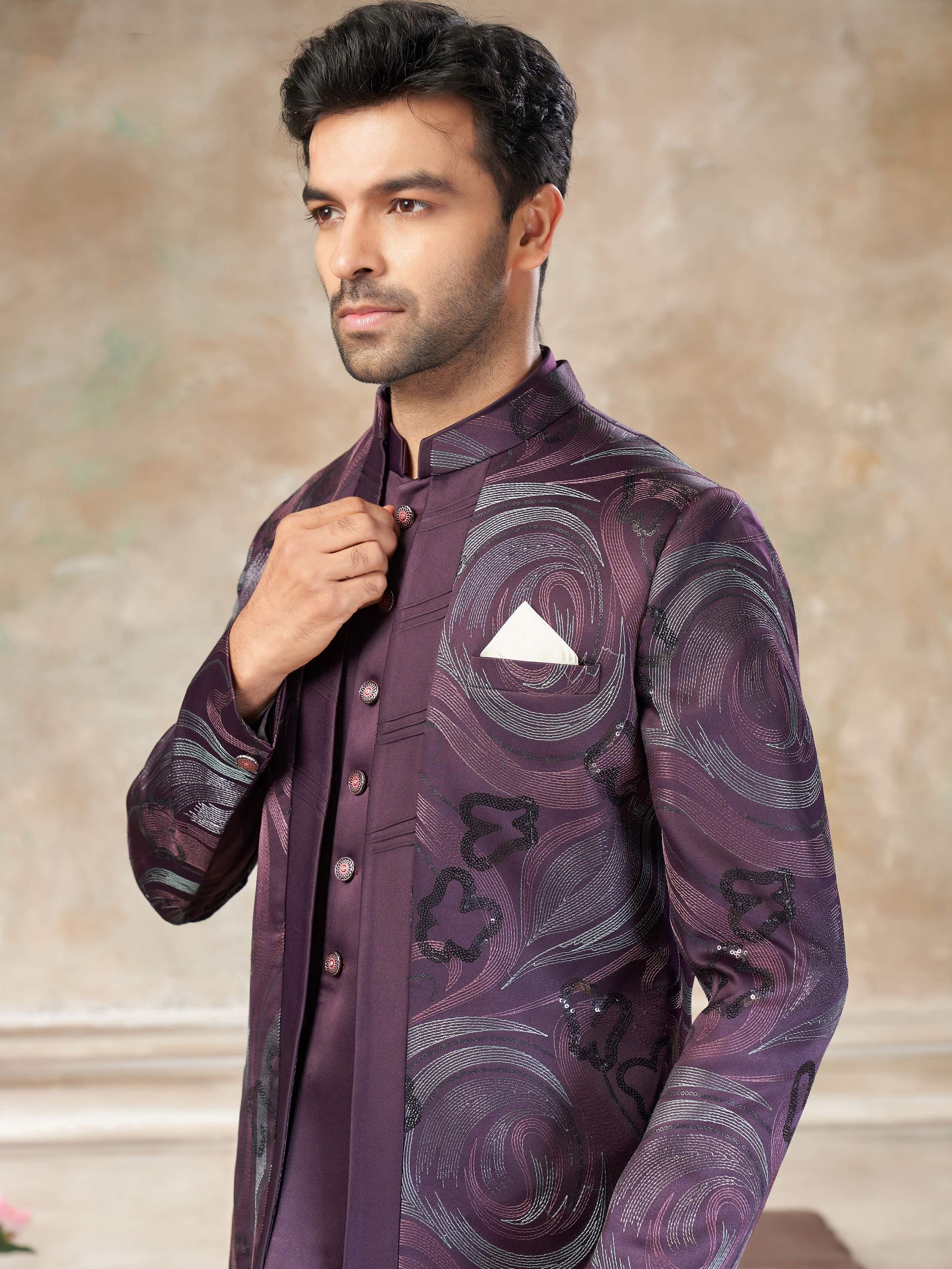 Attractive Purple Sequins Imported Party Wear Jodhpuri Set For Men