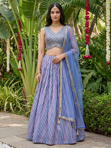 Classic Lavender Laheriya Printed Organza Wedding Wear Lehenga Choli