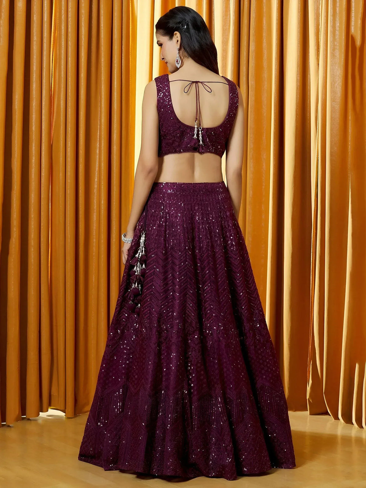 Purple sequin lehenga choli with back tie blouse, ethnic Indian wear for weddings and parties