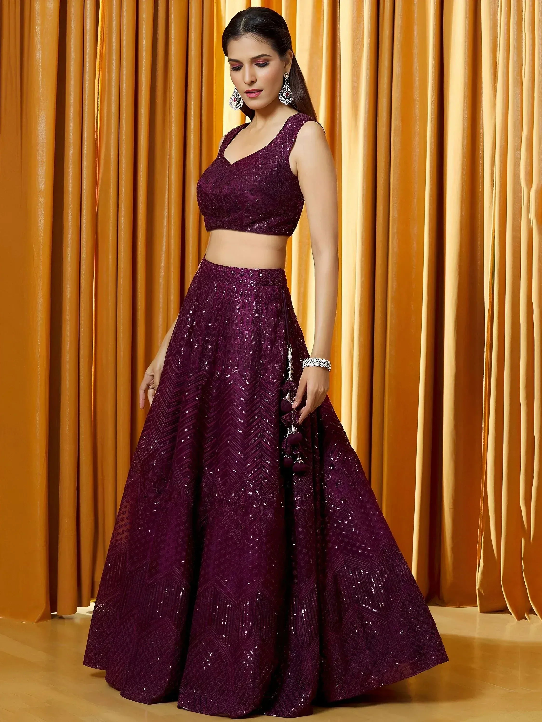 Marvelous Wine Thread Embroidered Net Reception Wear Lehenga Choli