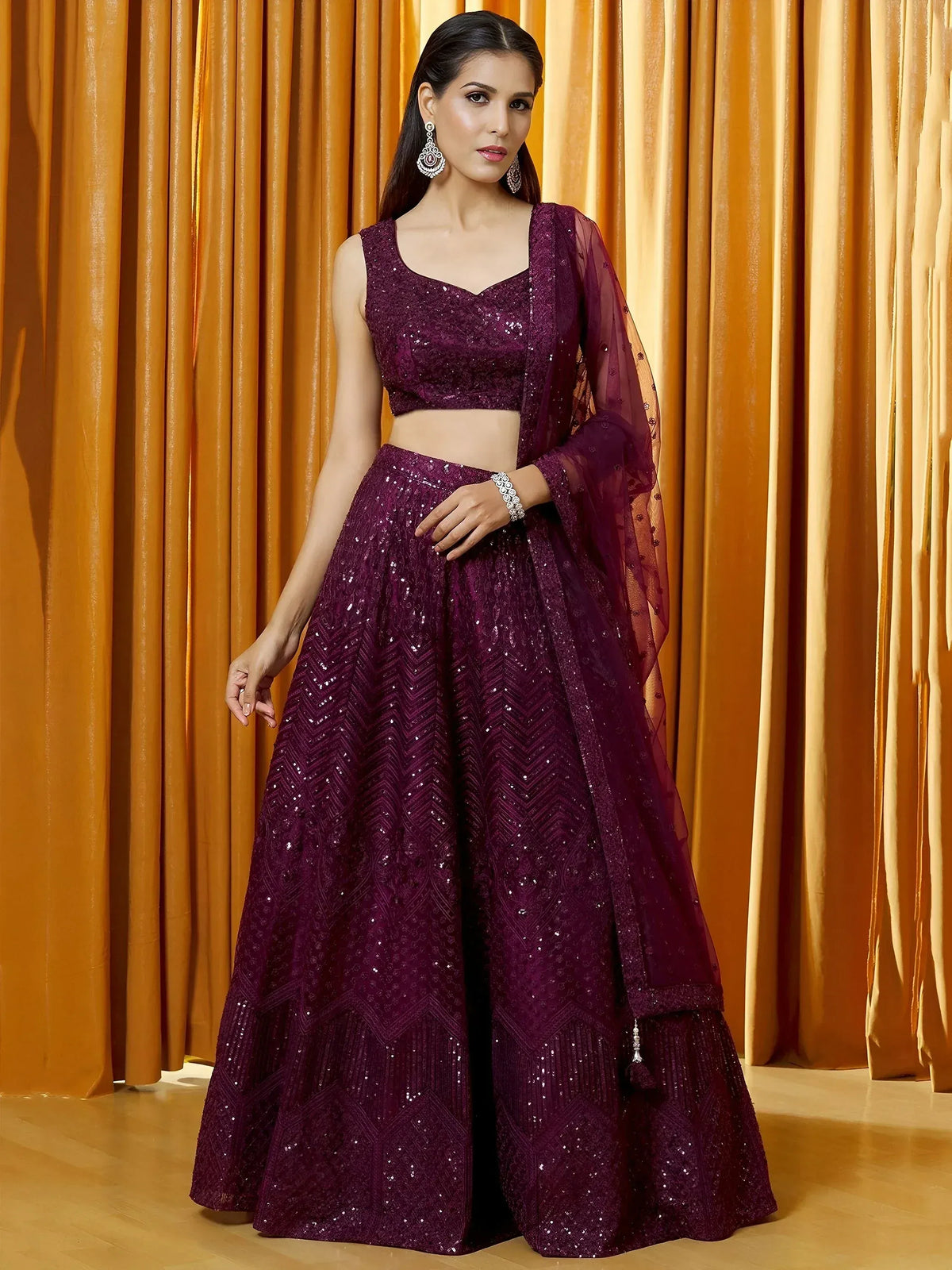 Purple sequin lehenga choli with sheer dupatta, ethnic Indian wear for weddings and parties