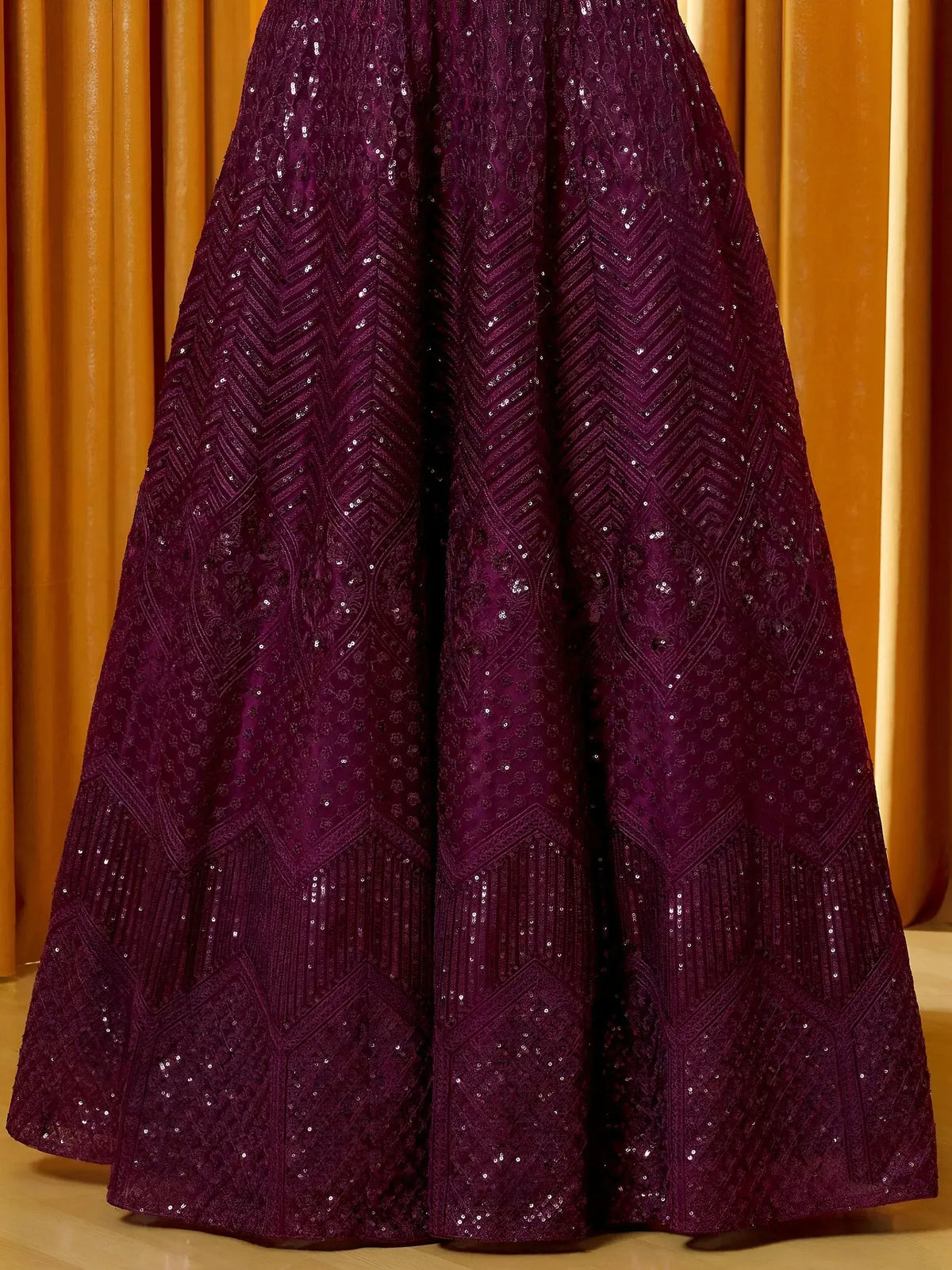 Purple sequin lehenga with chevron embroidery, Indian ethnic wear for weddings