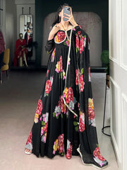 Adorable Black Floral Printed Chiffon Party Wear Gown With Dupatta