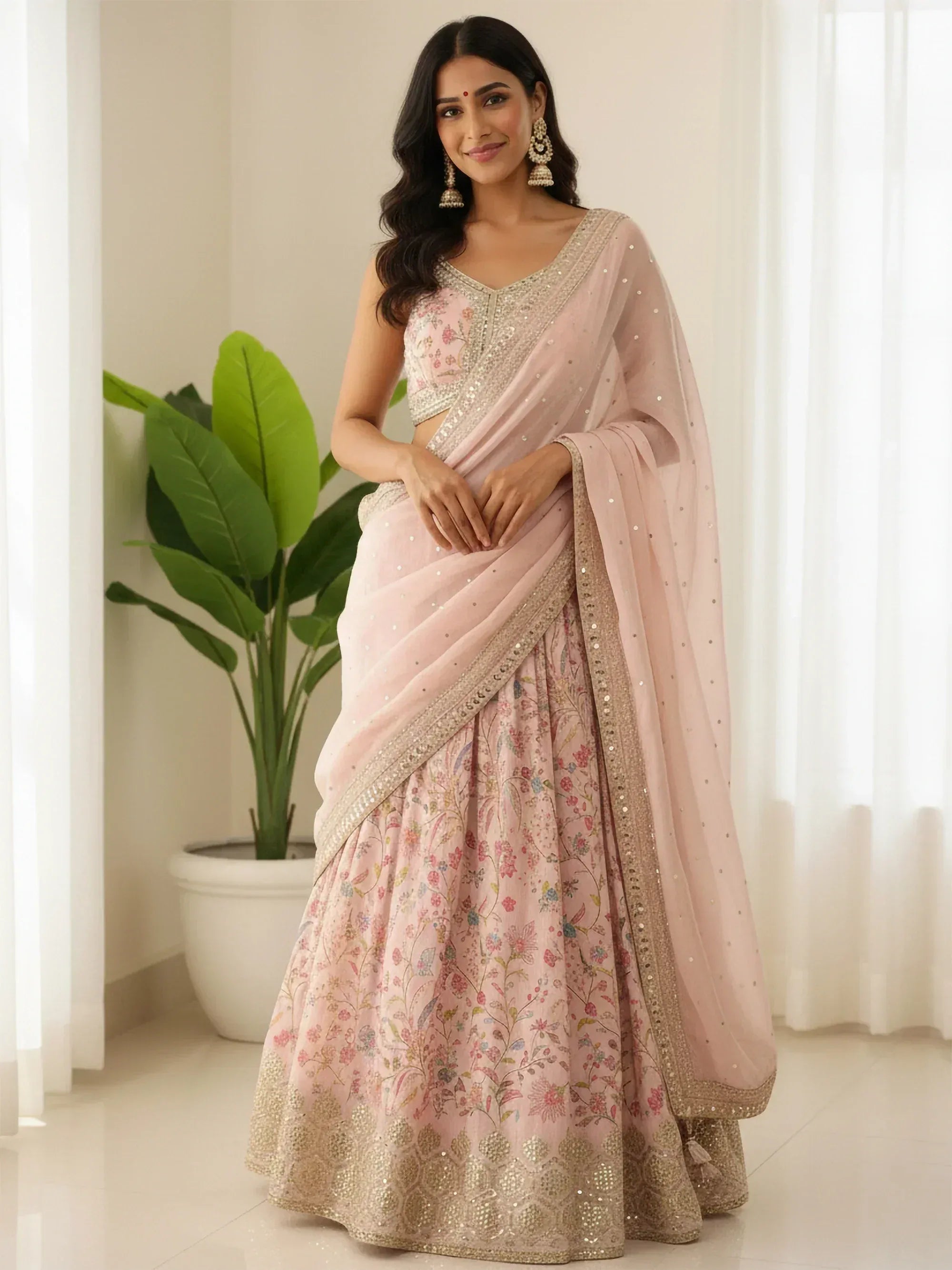 Pink floral embroidered lehenga choli with sequin dupatta, Indian ethnic wear for weddings and festivals