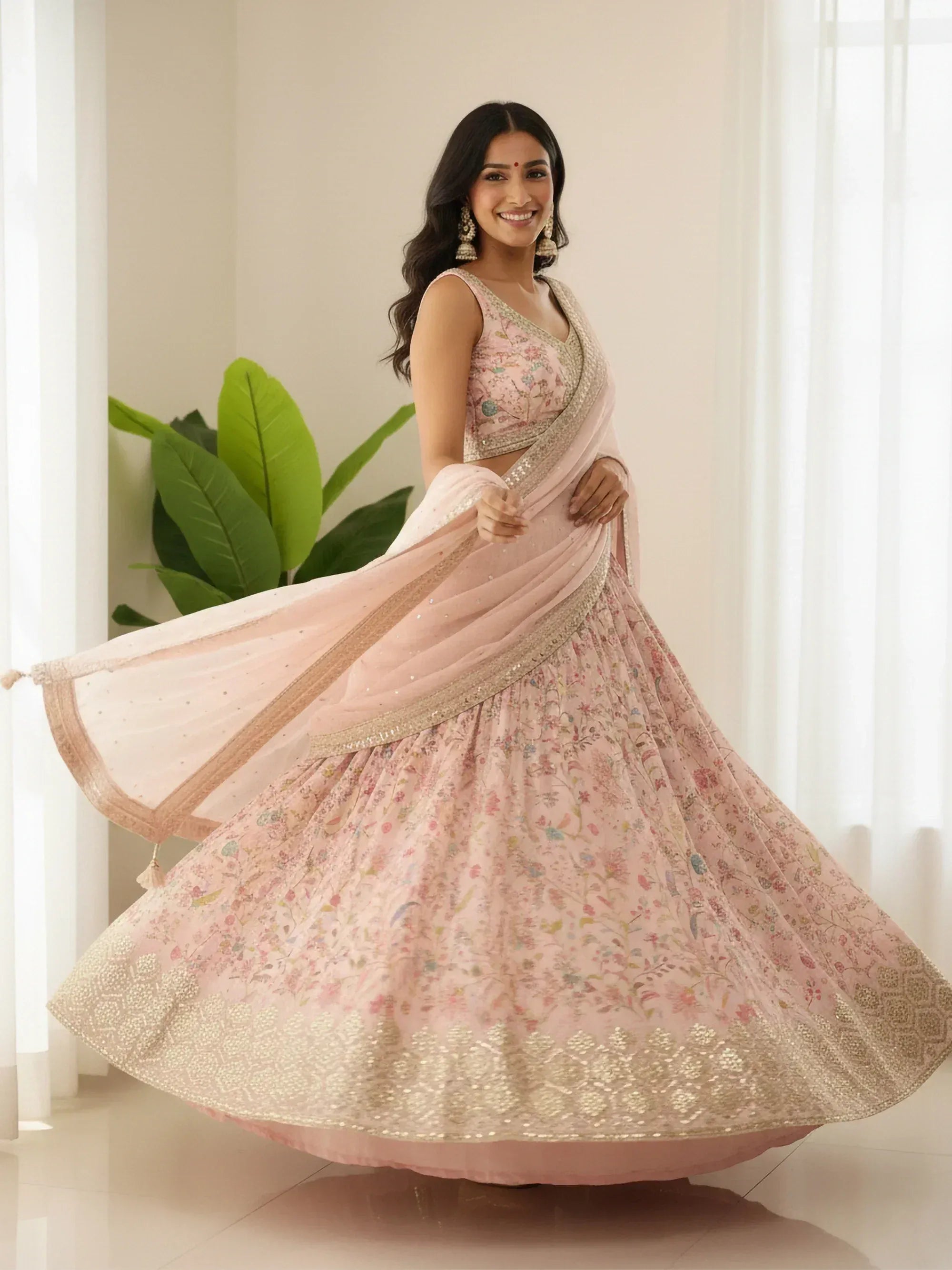 Pink floral lehenga choli with gold embroidery, perfect for Indian weddings and festive occasions.