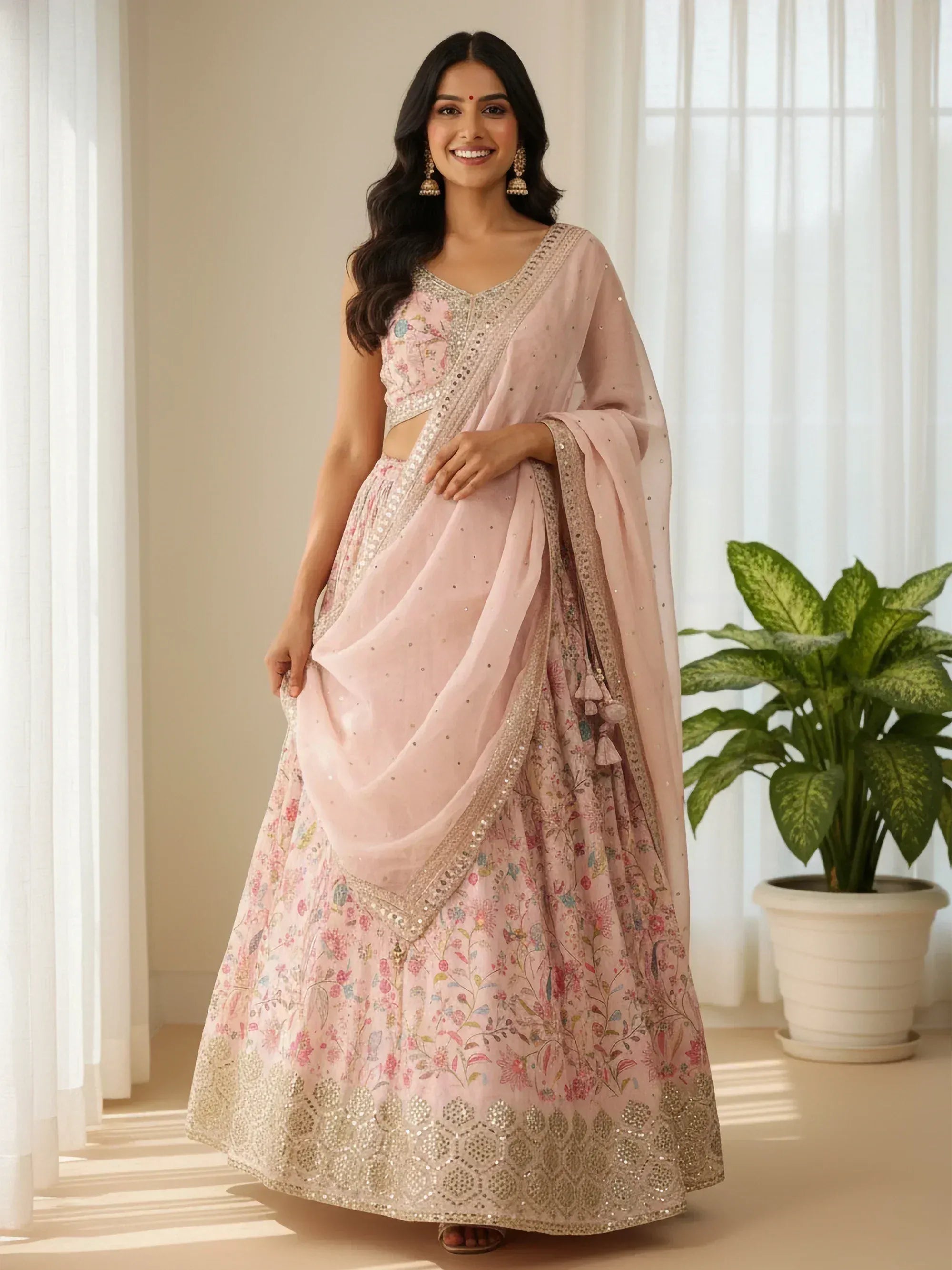 Pink floral lehenga choli with sequin embroidery and sheer dupatta, Indian ethnic wear for women