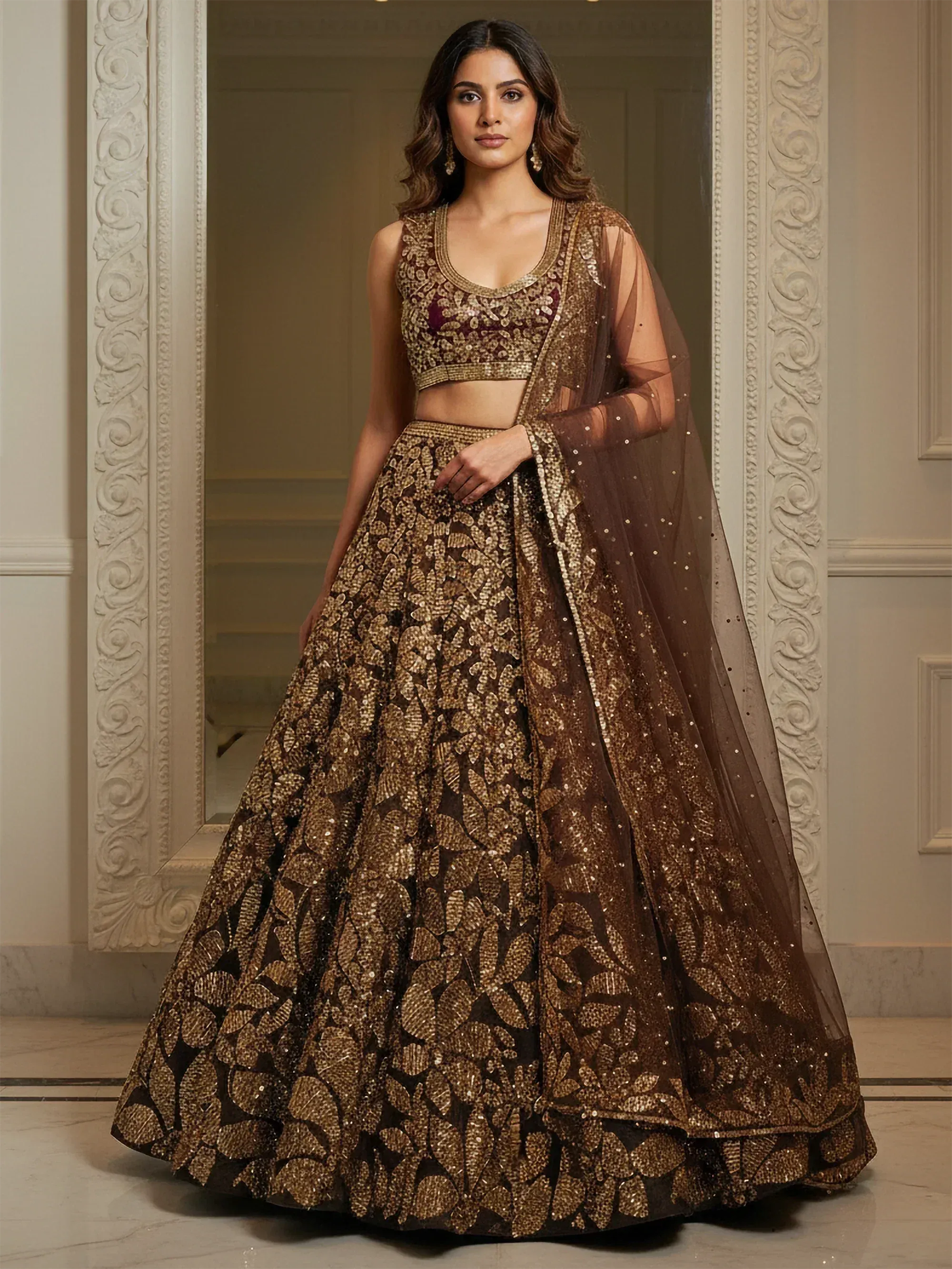 Woman wearing a traditional sequins outfit in an elegant interior setting