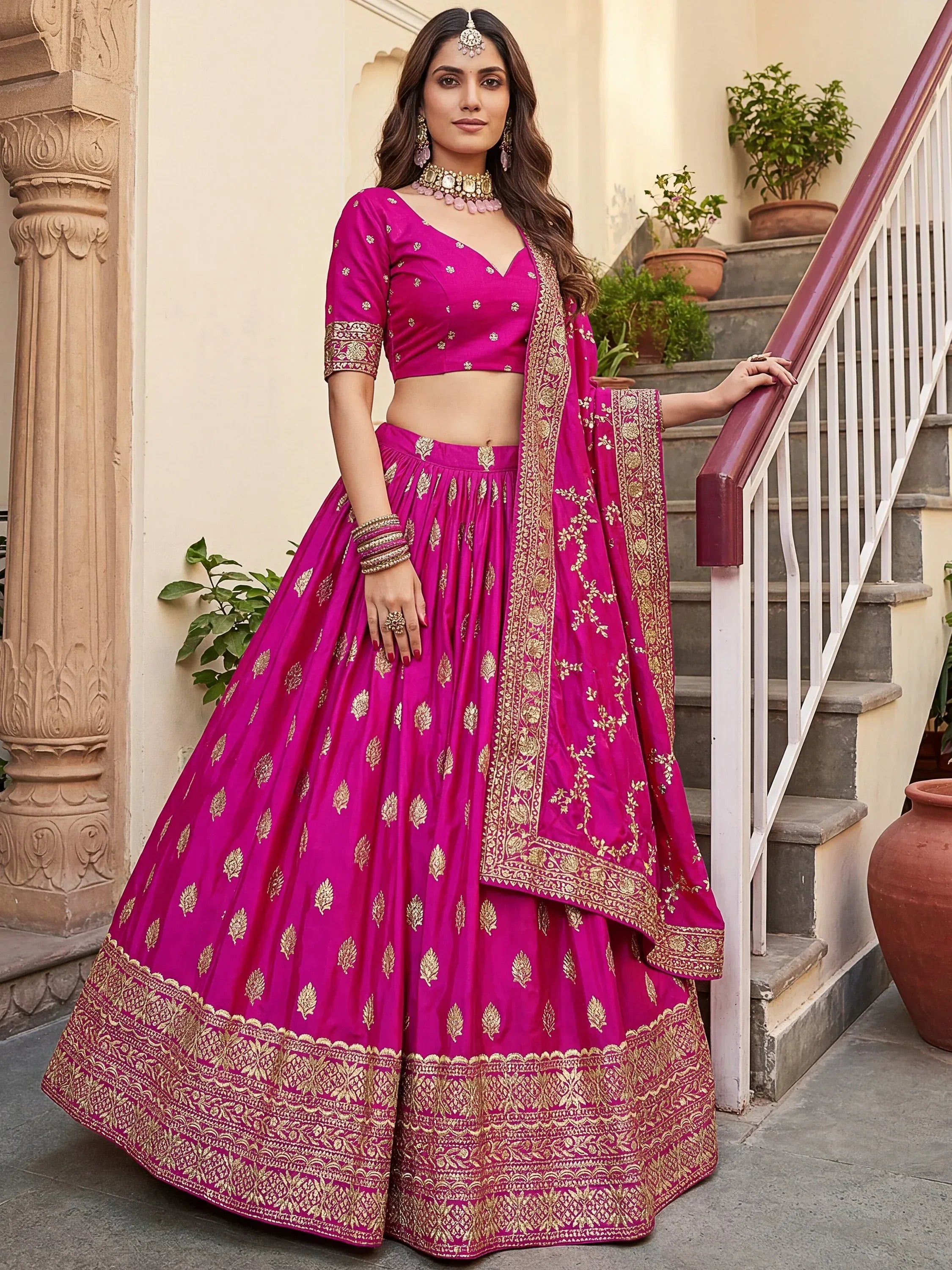Gorgeous Pink Embroidered Silk Wedding Wear Plus Size Lehenga Choli