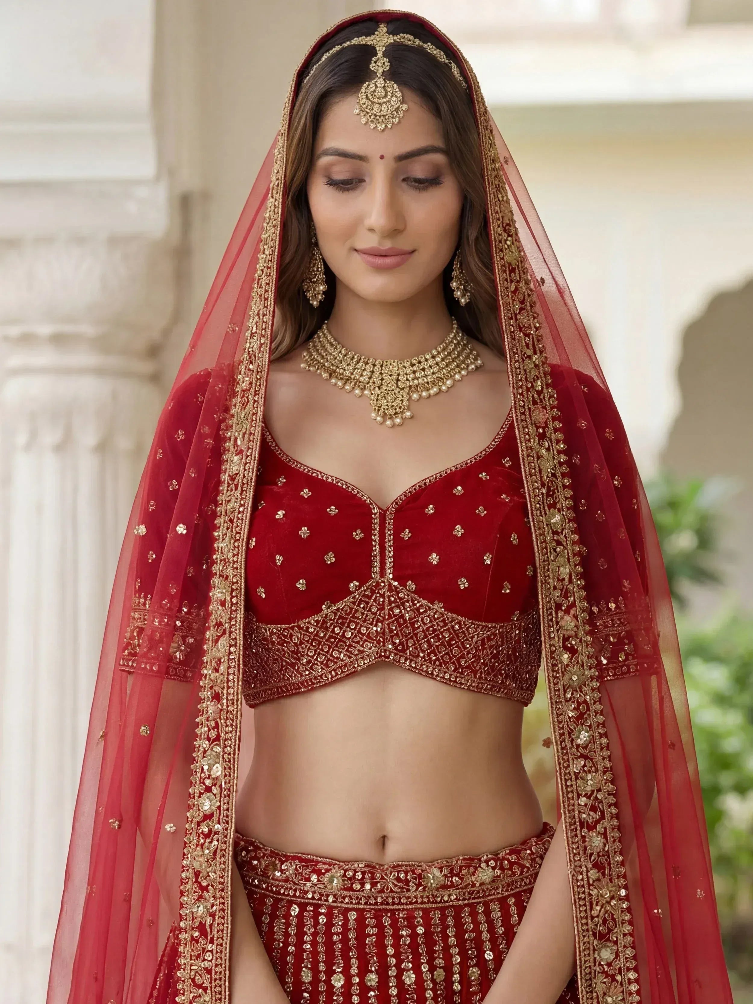 Incredible Maroon Embroidered Organza Bridal Lehenga Choli
