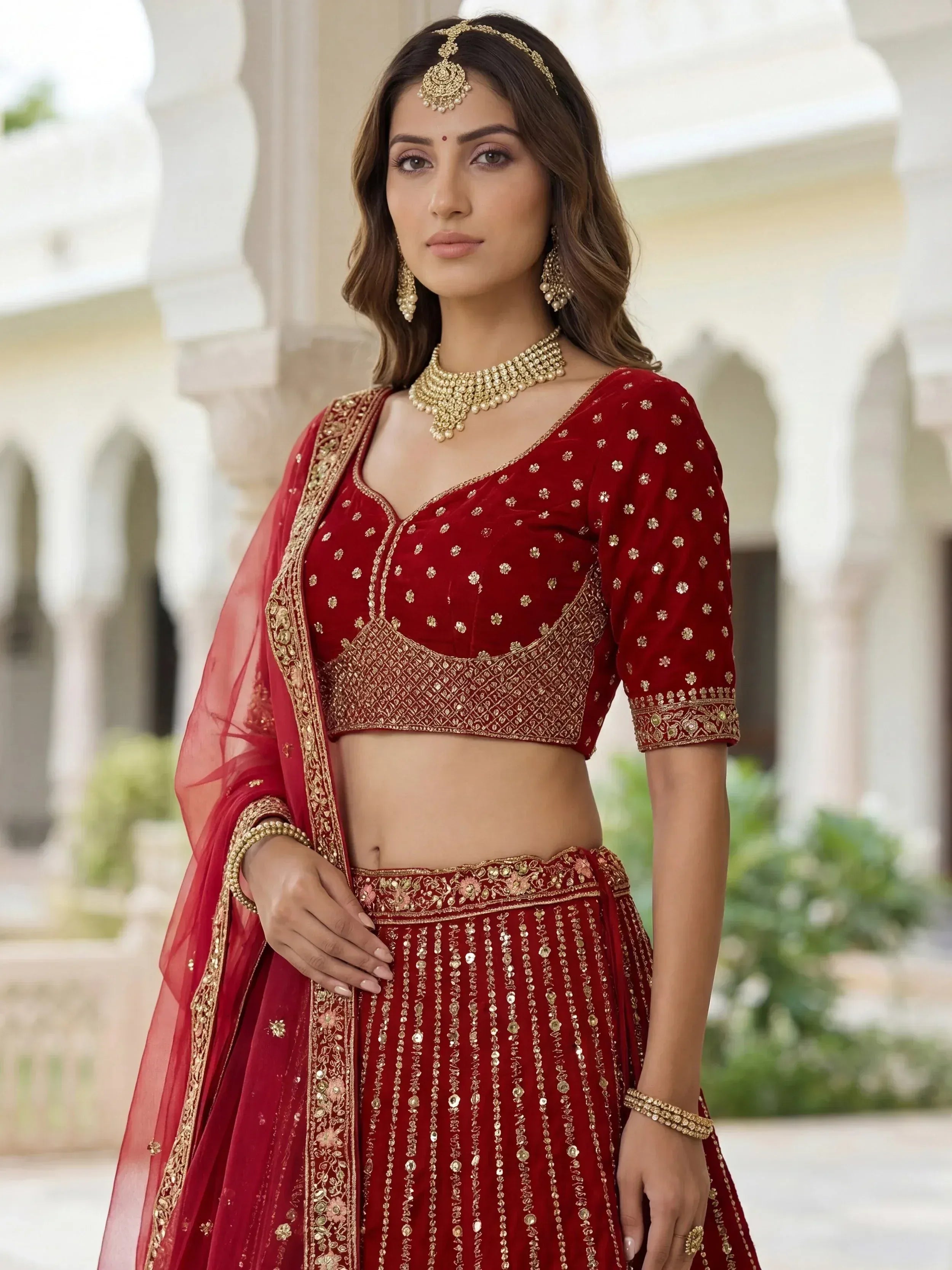 Incredible Maroon Embroidered Organza Bridal Lehenga Choli