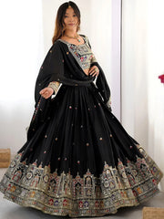 Amazing Black Thread Work Crepe Traditional Lehenga Choli With Dupatta