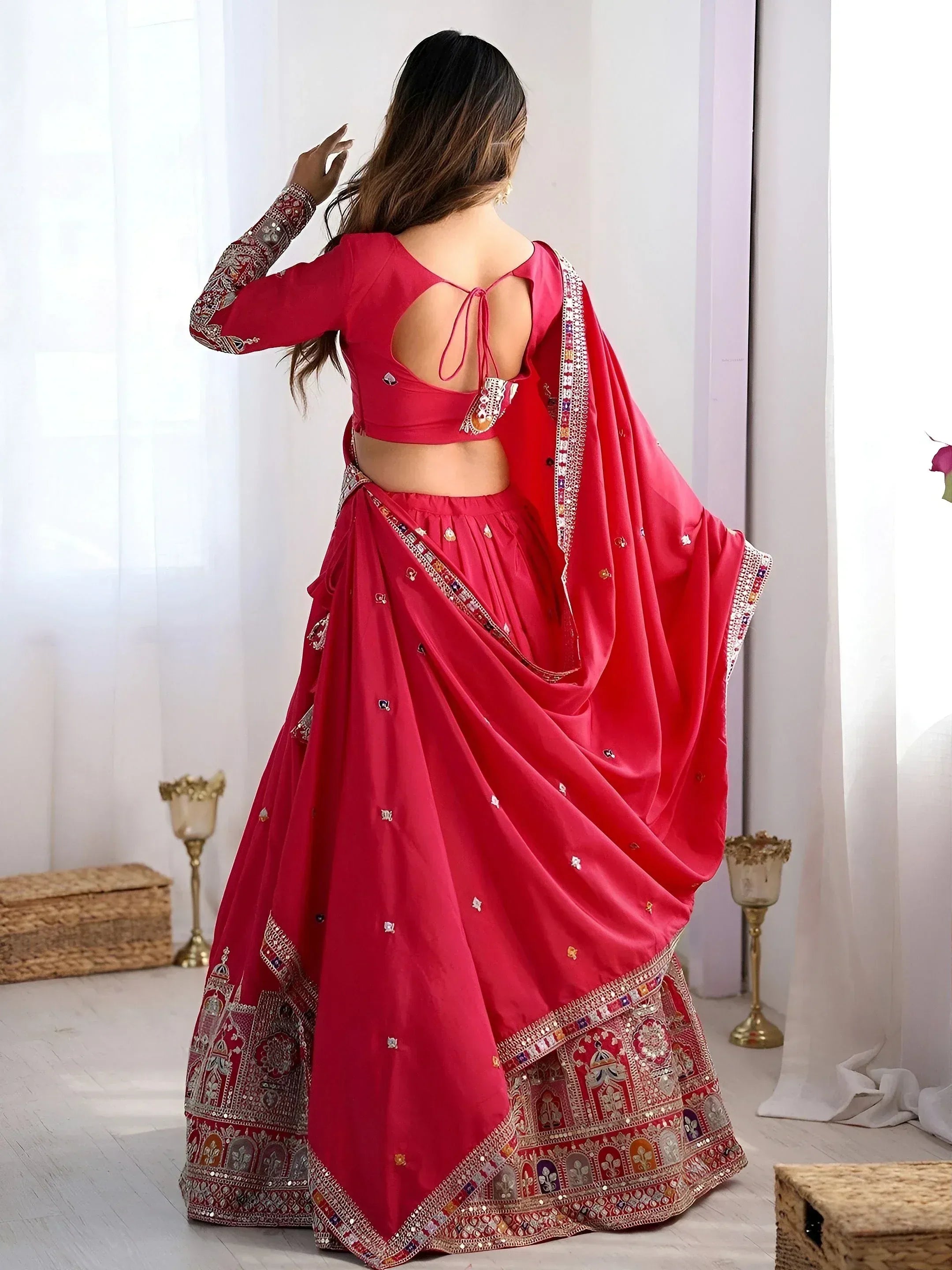 Red designer lehenga choli with mirror work and embroidered dupatta, ethnic Indian wear