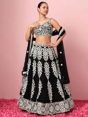 Captivating Black Thread Work Georgette Reception Wear Lehenga Choli