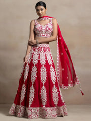 Attractive Red Thread Work Georgette Sangeet Wear Lehenga Choli