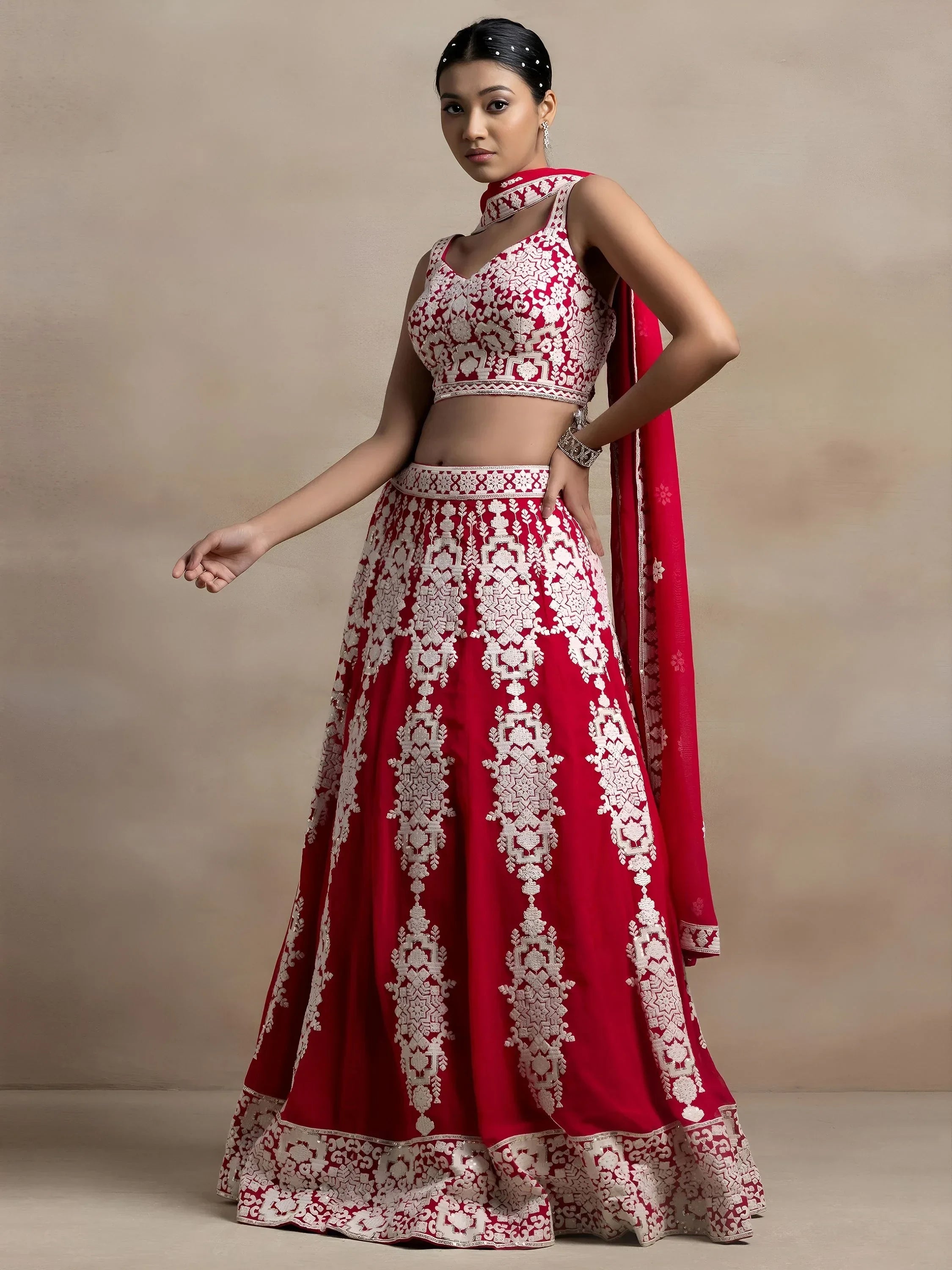 Attractive Red Thread Work Georgette Sangeet Wear Lehenga Choli