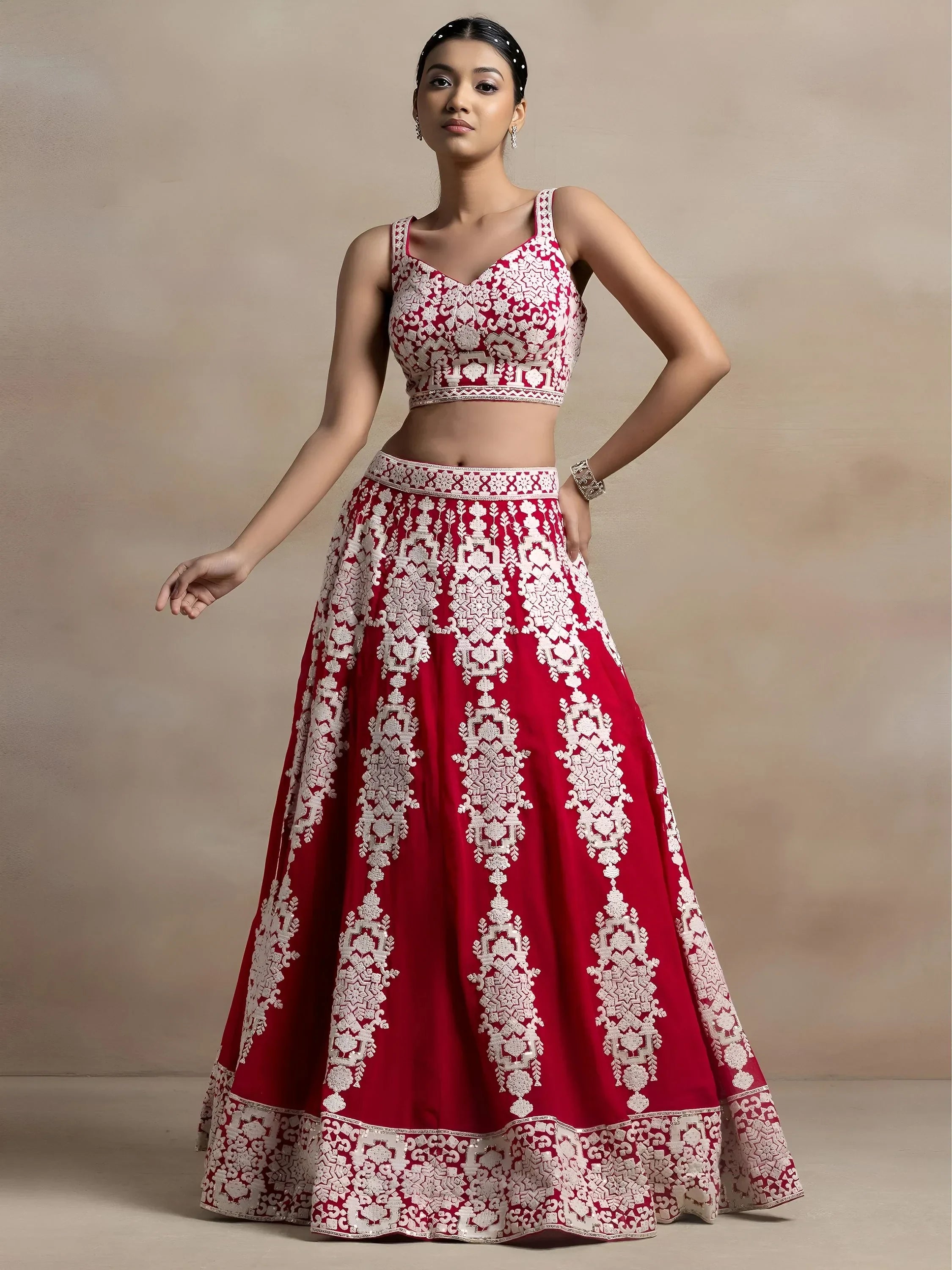 Attractive Red Thread Work Georgette Sangeet Wear Lehenga Choli