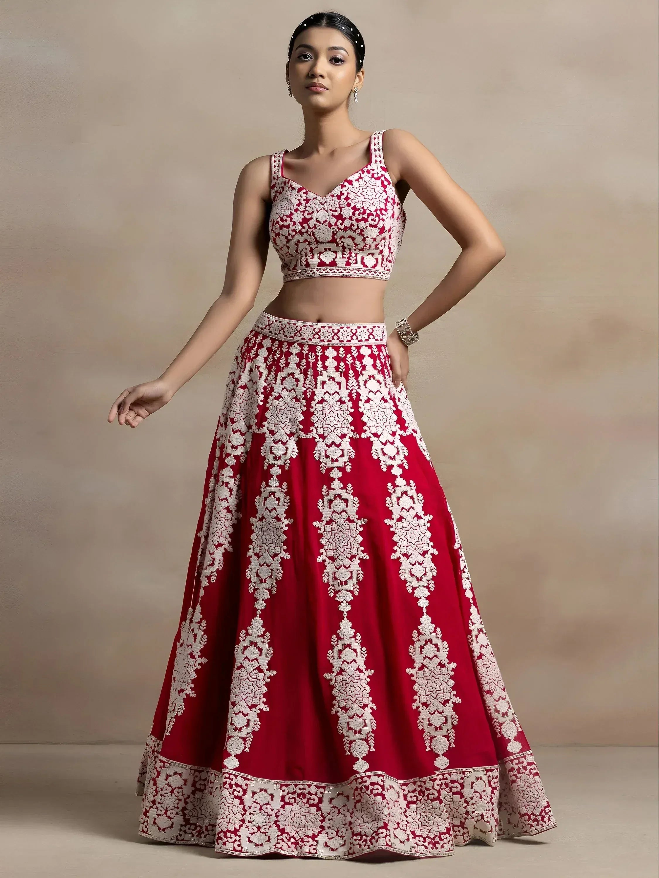 Attractive Red Thread Work Georgette Sangeet Wear Lehenga Choli