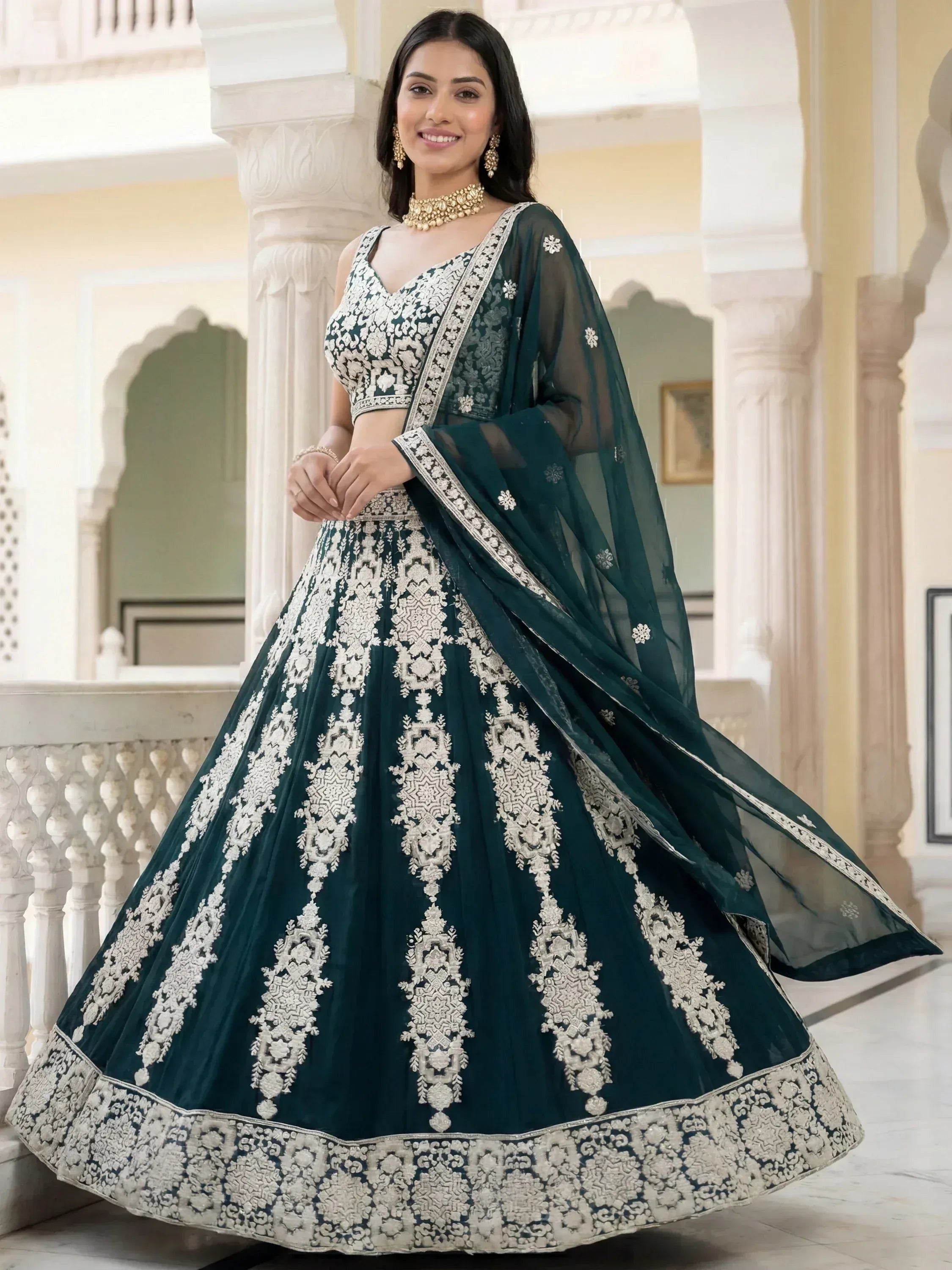 Great Green Thread Embroidered Georgette Wedding Wear Lehenga Choli