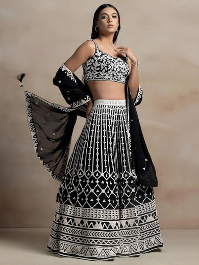 Awesome Black Thread Work Georgette Reception Wear Lehenga Choli