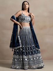 Great Navy Blue Thread Embroidered Georgette Wedding Lehenga Choli