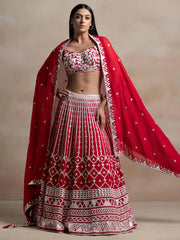 Marvelous Red Thread Work Georgette Sangeet Wear Lehenga Choli