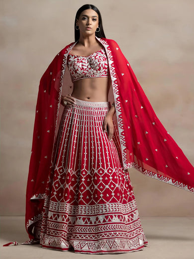 Marvelous Red Thread Work Georgette Sangeet Wear Lehenga Choli