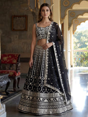 Classic Black Sequins Embroidered Georgette Wedding Wear Lehenga Choli