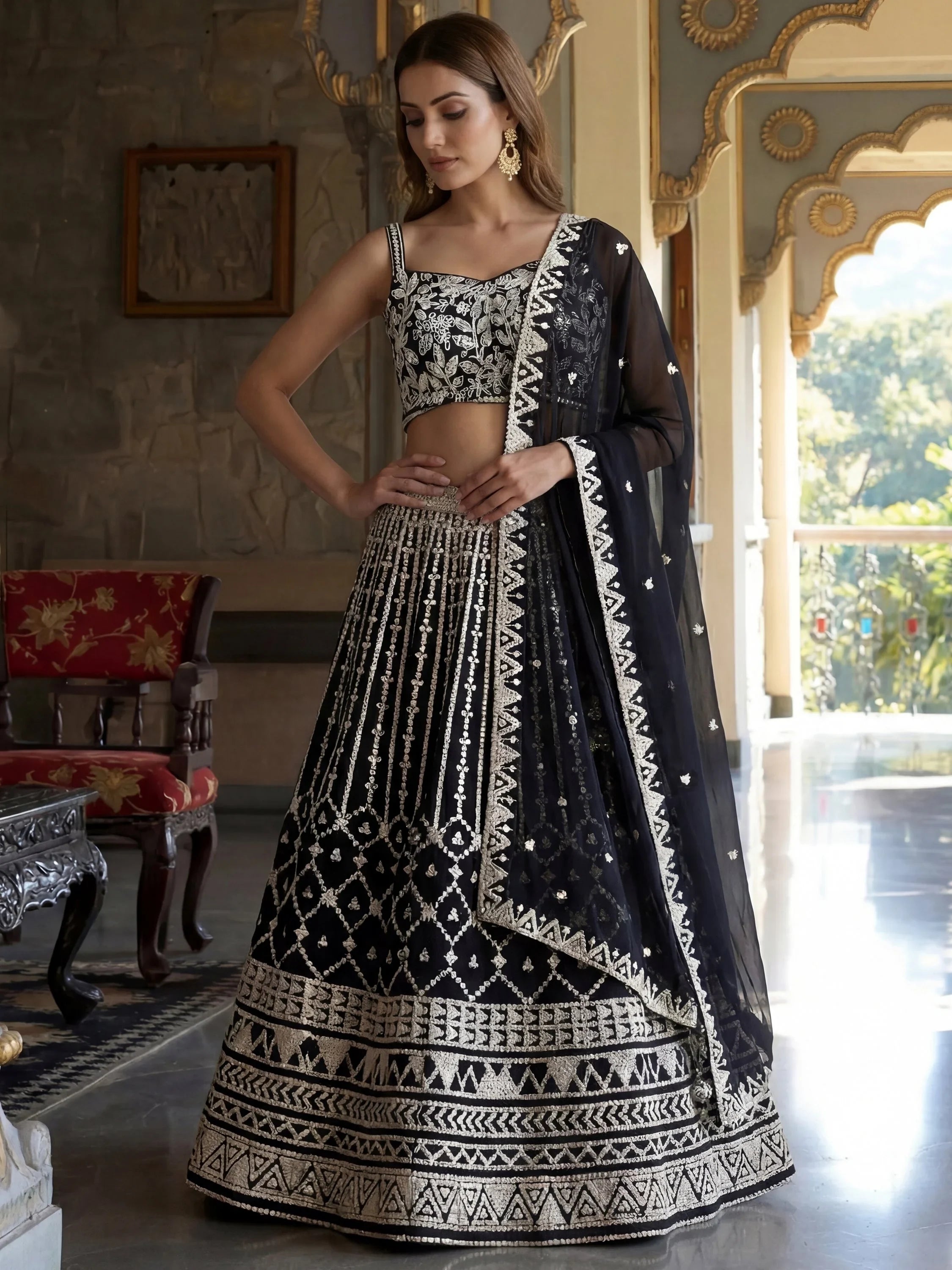 Classic Black Sequins Embroidered Georgette Wedding Wear Lehenga Choli