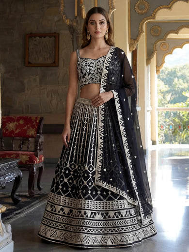 Classic Black Sequins Embroidered Georgette Wedding Wear Lehenga Choli