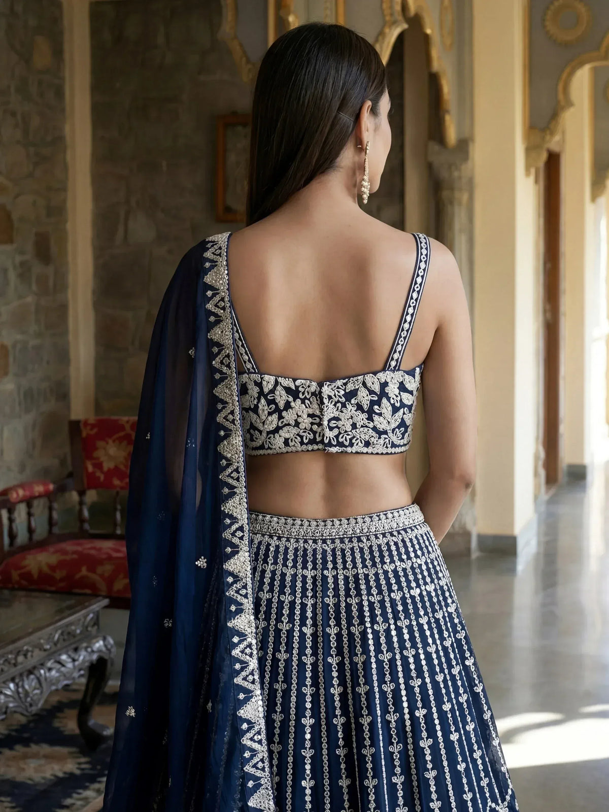 Navy blue embroidered lehenga choli with backless blouse and dupatta, perfect for Indian ethnic wear