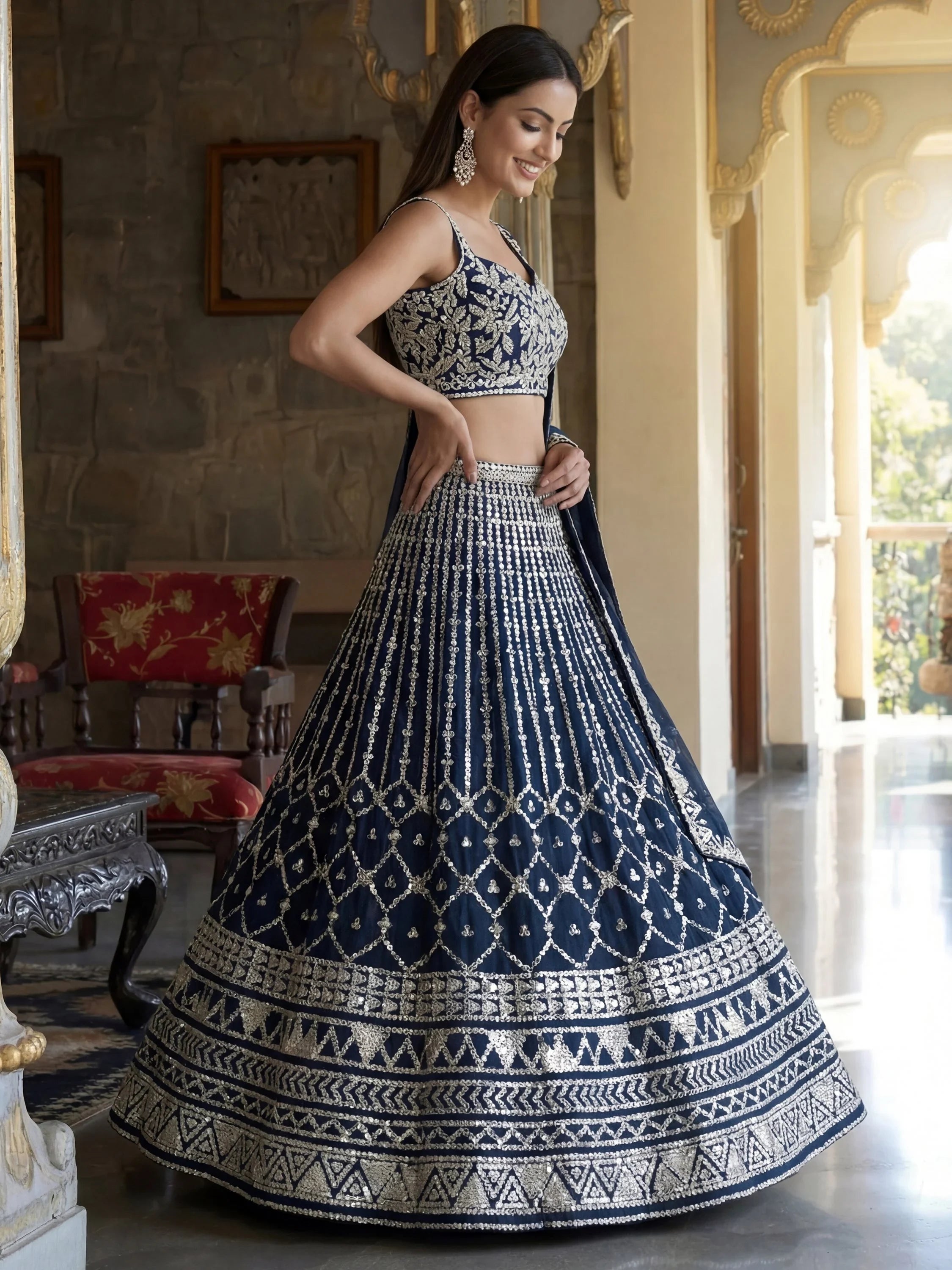 Pretty Blue Sequins Embroidered Georgette Reception Wear Lehenga Choli
