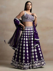 Beautiful Purple Thread Work Georgette Wedding Wear Lehenga Choli