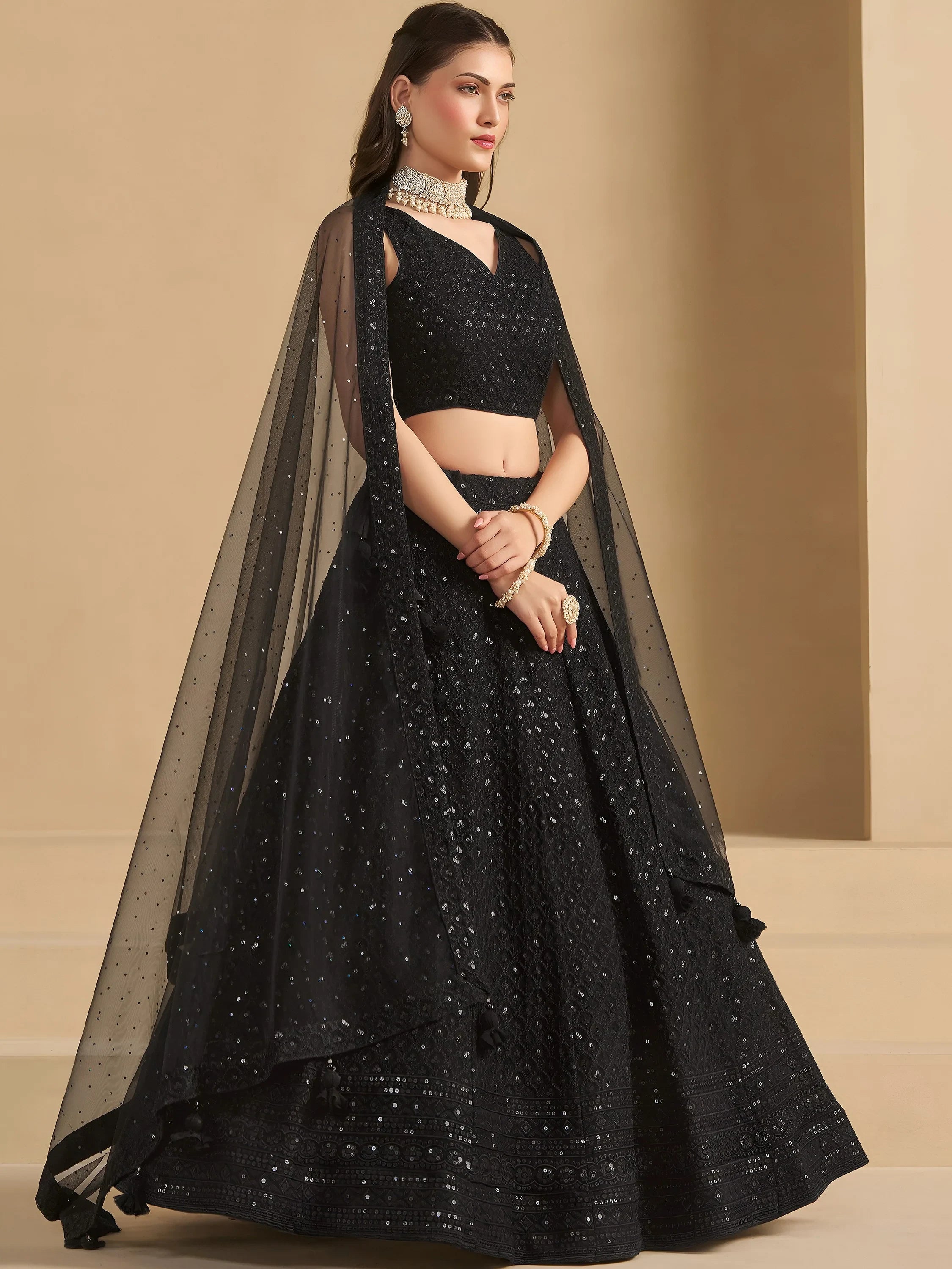 Captivating Black Thread Work Georgette Party Wear Lehenga Choli