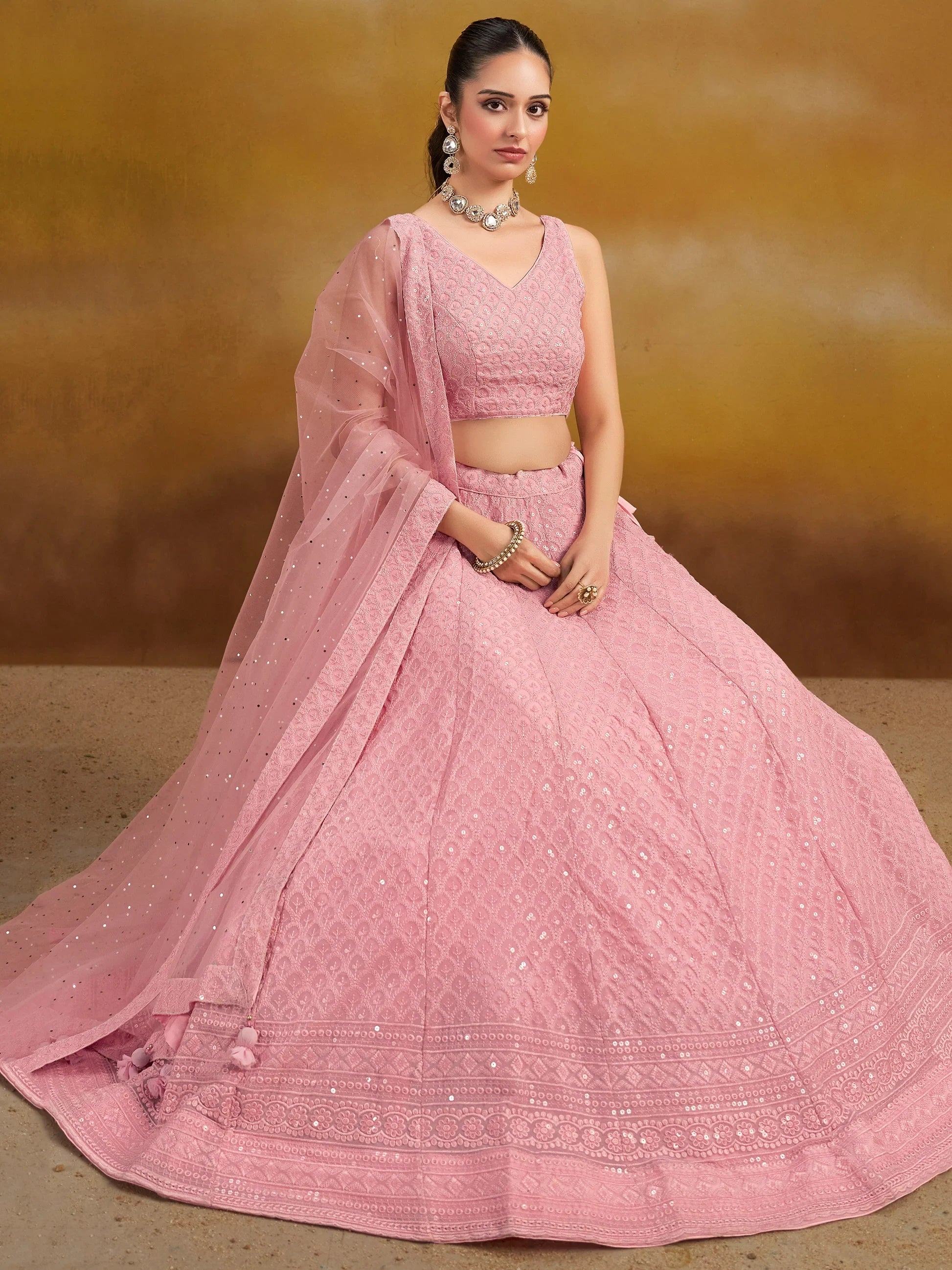 Pink embroidered lehenga choli with sequins and sheer dupatta, Indian ethnic wear for weddings