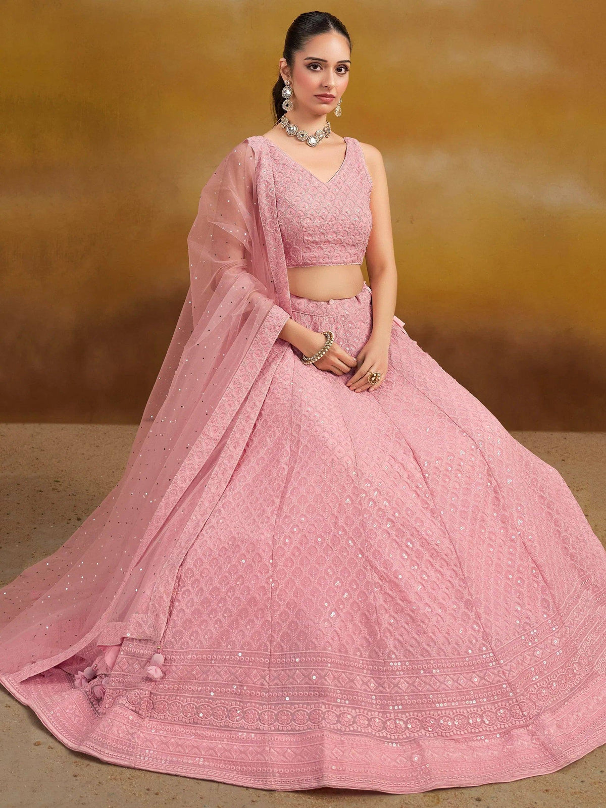 Pink embroidered lehenga choli with sequins and sheer dupatta, Indian ethnic wear for weddings