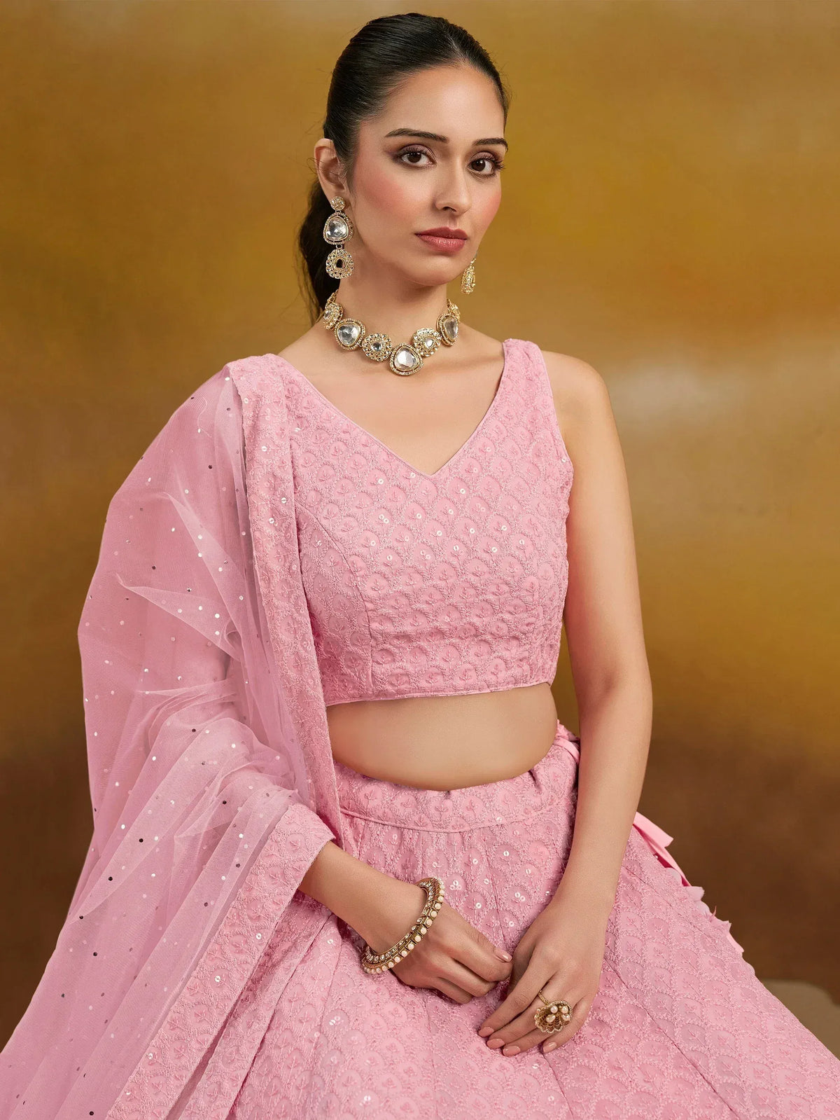 Pink embroidered lehenga choli with sequin dupatta, traditional Indian ethnic wear for weddings and festivals