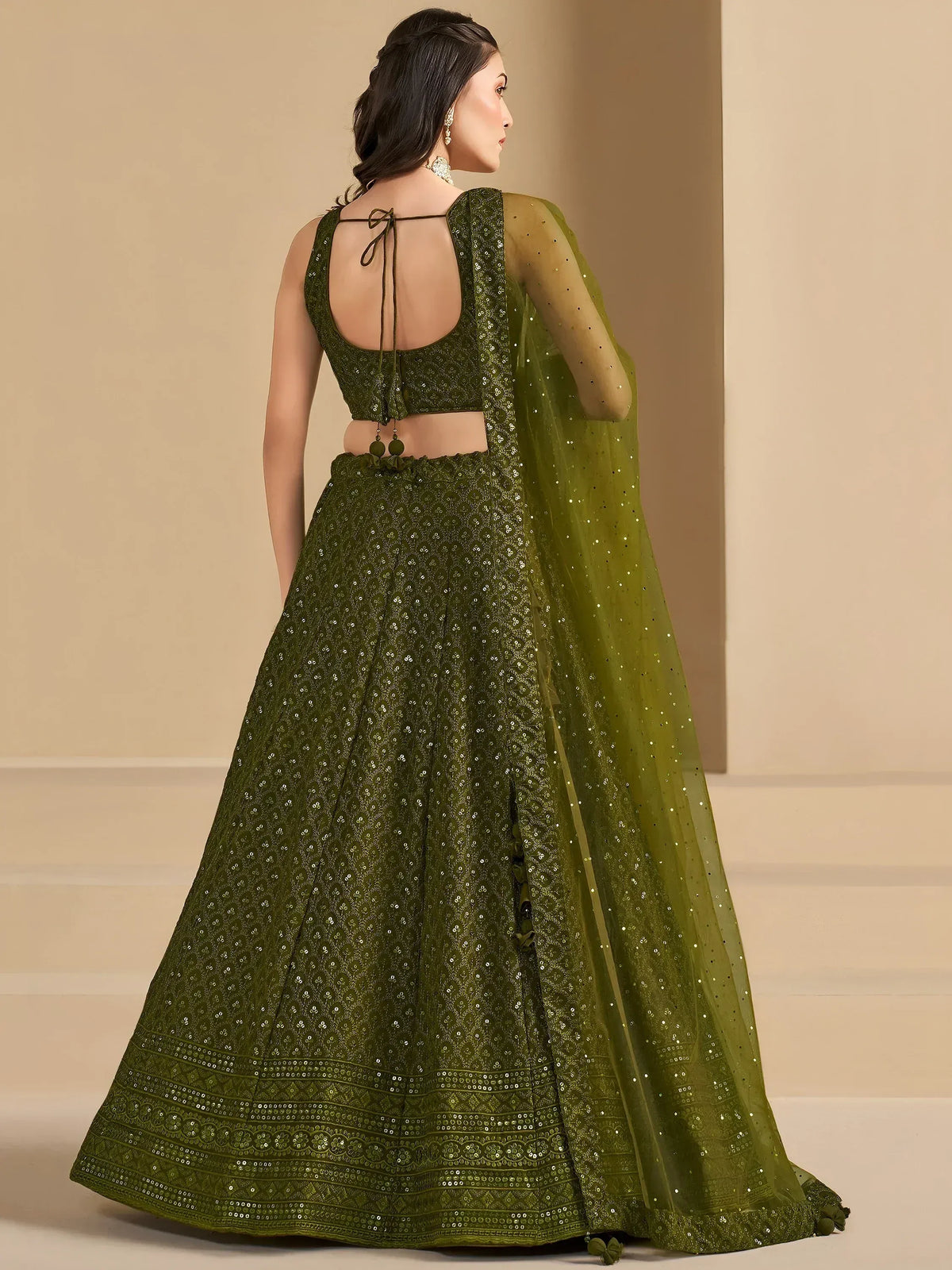 Olive green embroidered lehenga choli with sheer dupatta, perfect for Indian ethnic wear