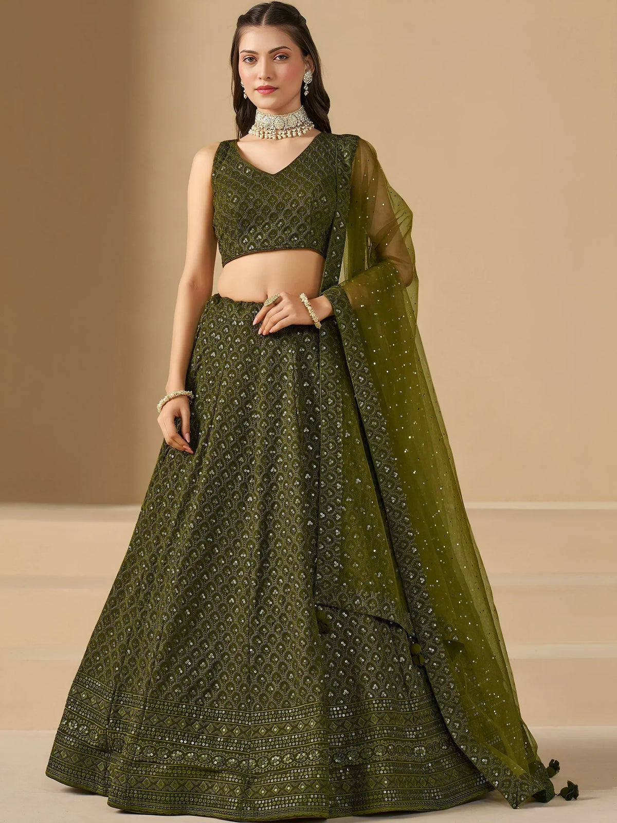 Olive green embroidered lehenga choli with sequins and sheer dupatta for Indian ethnic wear