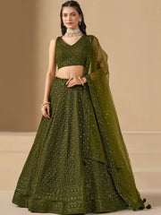 Stunning Mehendi Green Sequins Georgette Monochrome Lehenga Choli