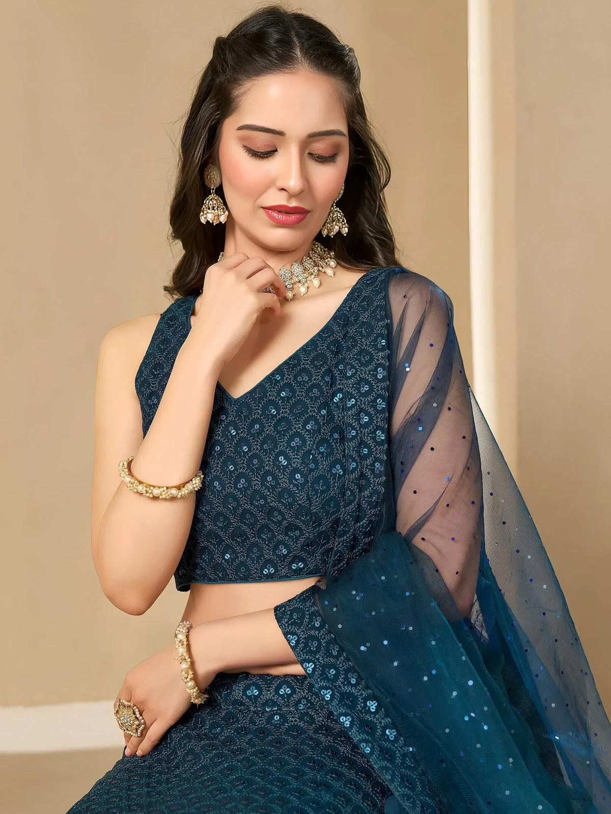 Teal sequin lehenga choli with sheer dupatta, Indian ethnic wear for weddings and parties
